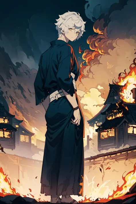masterpiece, best quality, high quality, 1boy, solo, male focus, full body, back facing the viewer, black kimono, white belt, calm, masculine, closed mouth, (looking back over shoulder:1.4), gabimaru, white hair, yellow eyes, (village burning:1.5) in background <lora:gabimaru:0.7>