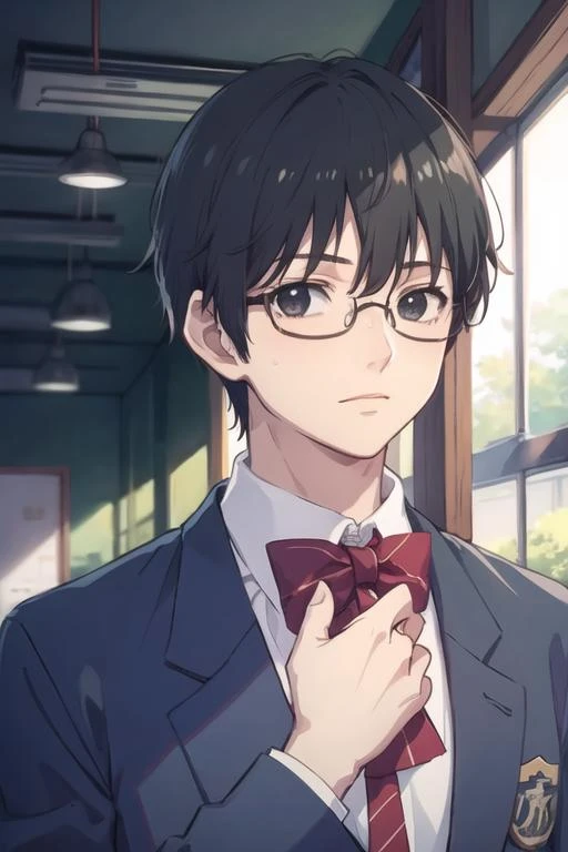 masterpiece, best quality, high quality, 1boy, solo, male focus, looking at viewer, upper body, <lora:takezou_kurata:0.54>, takezou_kurata, black hair, glasses, black eyes, , school uniform