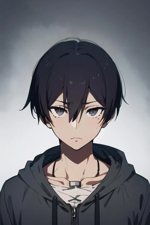 masterpiece, best quality, high quality, 1boy, solo, male focus, looking at viewer, upper body, <lora:hiroshi_yuuki:0.78>, hiroshi_yuuki, black hair, hair between eyes, black eyes, , hoodie