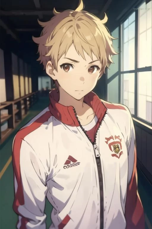 masterpiece, best quality, high quality, 1boy, solo, male focus, looking at viewer, upper body, <lora:akihito_kanbara:0.70>, akihito_kanbara, blonde hair, brown eyes, , track suit