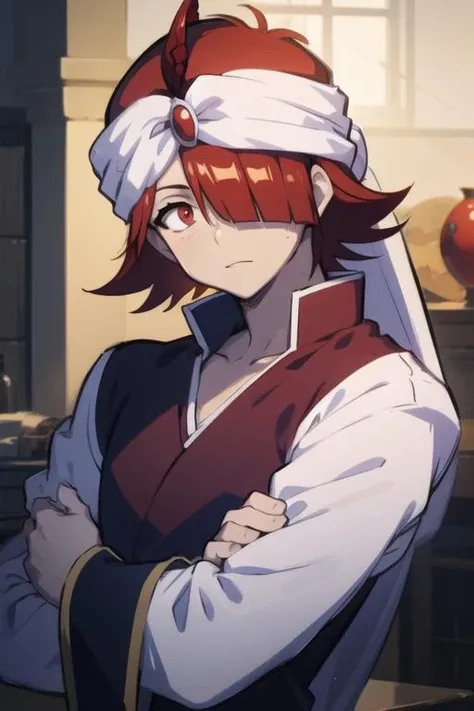 masterpiece, best quality, high quality, 1boy, solo, male focus, looking at viewer, upper body, <lora:mystras_leoxses:0.76>, mystras_leoxses, red hair, red eyes, pajamas