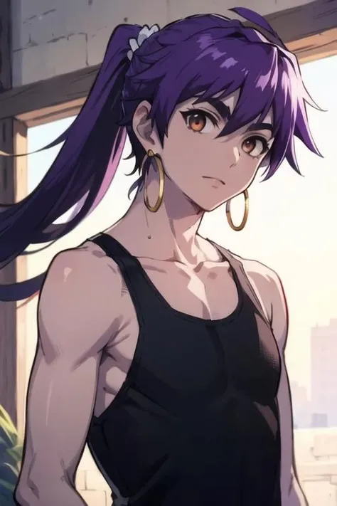 masterpiece, best quality, high quality, 1boy, solo, male focus, looking at viewer, upper body, <lora:sinbad_magi:0.58>, sinbad_magi, purple hair, jewelry, long hair, brown eyes, ponytail, tank top