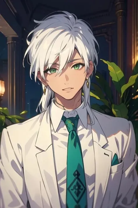 masterpiece, best quality, high quality, 1boy, solo, male focus, looking at viewer, upper body, <lora:sharrkan_amun-ra:0.62>, sharrkan_amun-ra, jewelry, white hair, green eyes, formal, necktie, dress shirt