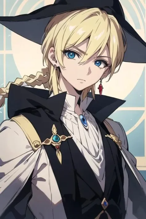 masterpiece, best quality, high quality, 1boy, solo, male focus, looking at viewer, upper body, <lora:titus_alexius:0.76>, titus_alexius, blonde hair, jewelry, blue eyes, hat, braid, jacket
