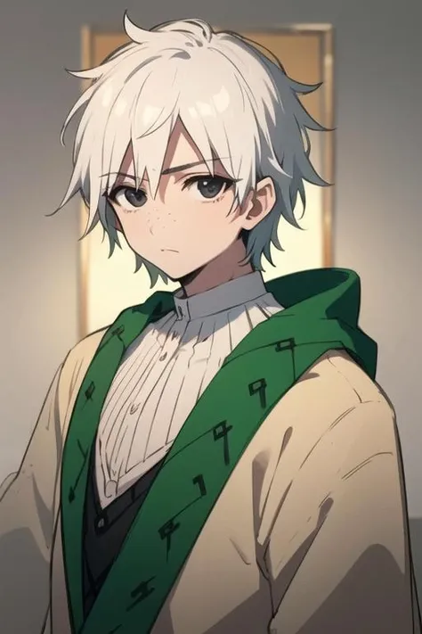 masterpiece, best quality, high quality, 1boy, solo, male focus, looking at viewer, upper body, <lora:jafar_magi:0.72>, jafar_magi, white hair, black eyes, , coat