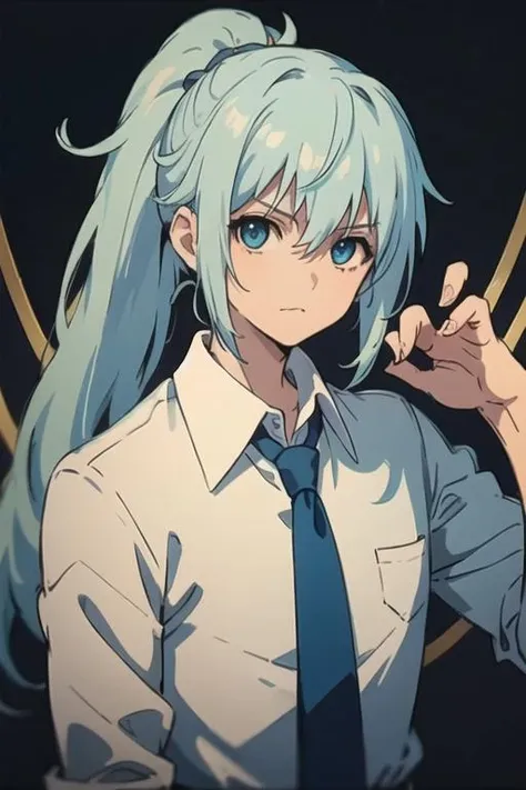 masterpiece, best quality, high quality, 1boy, solo, male focus, looking at viewer, upper body, <lora:seisyun_ri:0.54>, seisyun_ri, blue hair, long hair, ponytail, blue eyes, formal, necktie, dress shirt