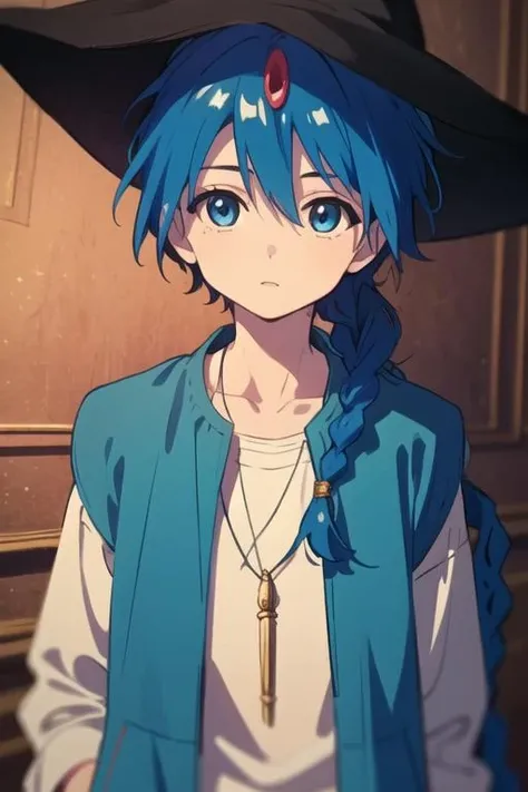 masterpiece, best quality, high quality, 1boy, solo, male focus, looking at viewer, upper body, <lora:aladdin_magi:0.70>, aladdin_magi, blue hair, braid, long hair, blue eyes, jewelry, single braid, , jacket