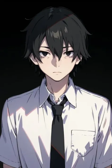 masterpiece, best quality, high quality, 1boy, solo, male focus, looking at viewer, upper body, <lora:shintarou_kisaragi:0.78>, shintarou_kisaragi, black hair, black eyes, hair between eyes, formal, necktie, dress shirt