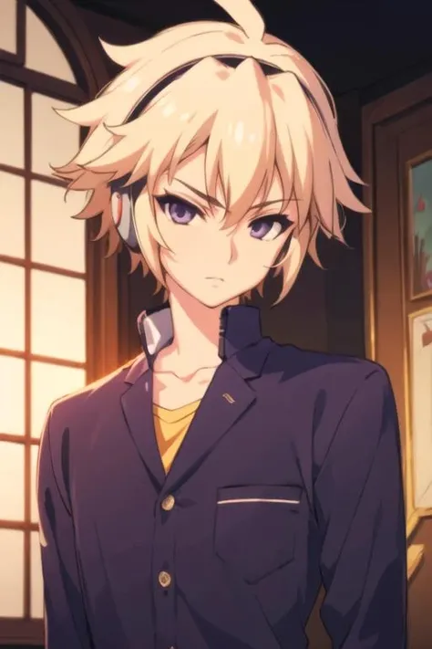 masterpiece, best quality, high quality, 1boy, solo, male focus, looking at viewer, upper body, <lora:izayoi_sakamaki:0.78>, izayoi_sakamaki, blonde hair, purple eyes, , pajamas