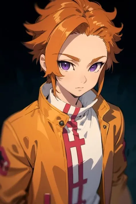 masterpiece, best quality, ultra-detailed, illustration, 1boy, solo, male focus, looking at viewer, upper body, depth of field, <lora:arthur_pendragon:0.72>, arthur_pendragon, orange hair, purple eyes, , , jacket