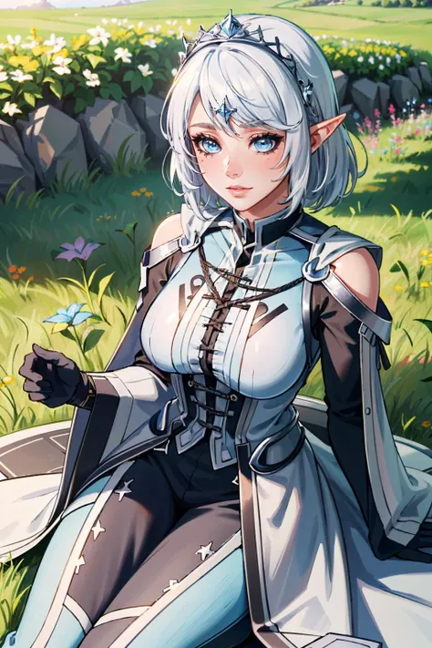 ( masterpiece, best quality, highres:1.3)
<lora:BGIsobel-000003:0.9>
BGIsobel, 1girl, solo, white hair, light blue eyes, pointy ears, tiara, wildflower meadow, midday, vibrant and alive with a burst of colors under the sun , very coherent, hyperrealistic, very detailed, very detailed, extremely detailed, detailed, digital art, trending on artstation