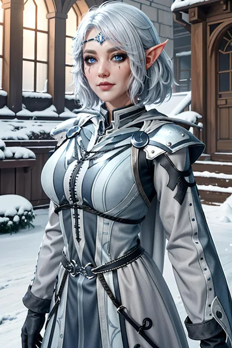 Cirilla Fiona Elen Riannon,Highest image quality,Outstanding details,超高分辨率,(Fidelity:1.4), Favor the details,closeup cleavage,dawn,Snow,winter,Behind it is the wizard's sword,He has a delicate and beautiful face,((Red and white semi-mechanical body:1.8)),Raised sexy,frontage,cyber punk perssonage,Futuristic,mechanically aesthetic,Virtual Engine 5,Perfect detail rendering,rendering by octane,hyper HD