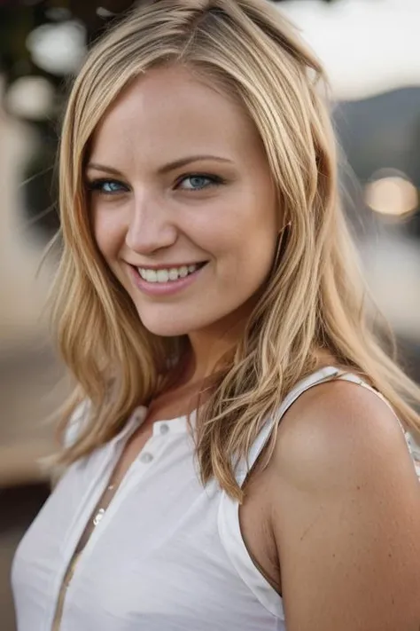 <lora:m4l1n4:0.9>, a Realistic photo of m4l1n4 woman with blue eyes and blonde Hair style, long hair, looking at viewer, blue eyes, blonde hair, teeth, grin, lips, portrait, realistic, soft lighting, professional Photography, Photorealistic, detailed eyes, RAW, analog, sharp focus, 8k, HD, DSLR, high quality, Fujifilm XT3, film grain, award winning, masterpiece