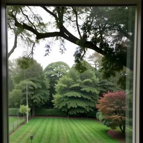 a bedroom window on a rainy day