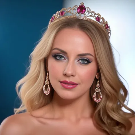 an extreme_closeup of gorgeous woman with large breasts, (extremely detailed skin), she has long wavy blonde hair with fringe bangs, she is wearing a crown with a single ruby, she has big beautiful blue eyes with ((outlined iris)), she is wearing dark eyeliner and pink lipstick, she is wearing long silk (white gloves), (she is wearing a long and fluffy ((pink) dress) with puffy sleeves) with a big sapphire on the cleavage, she is wearing large (round blue earrings)
blurry background of a luxurious palace, by Steve McCurry
fashion model, catwalk, instagram, ring light, DoF bokeh, DSLR photography, 8k, 20 megapixel, glamour shoot, contrast, textured skin, skin pores, moles, hasselblad, 45 degree, hard light, gigapixel, flawless face