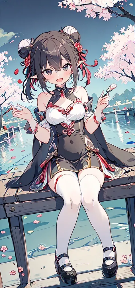 masterpiece,best quality, 1girl, :d, blush, knees up, looking at viewer, sitting, smile, solo,1girl, black eyes, black hair, double bun, hair bun, pointy ears, tareme, tentacles, cat, dutch angle, flower, outdoors, petals, <lora:LowPinkStyle2:0.7>