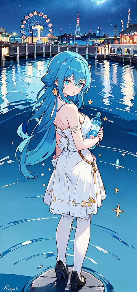 masterpiece,best quality, 1girl,  bottle, holding, holding bottle, looking at viewer, looking back, parted lips, solo, standing,1girl, aqua eyes, blue hair, long hair, bioluminescence, bird, blue theme, city, city lights, crow, ferris wheel, from behind, glowing, night, ocean, sea sparkle, signature, sky, sparkle, wading, waves,  <lora:LowPinkStyle2:0.7>