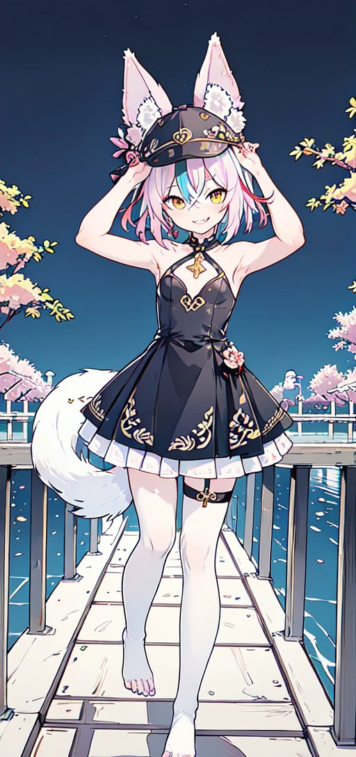 masterpiece,best quality, 1girl, arms up, blush, closed mouth, hands on headwear, smile, solo,1girl, animal ears, claws, fangs, flat chest, hair between eyes, light purple hair, multicolored hair, sharp teeth, short hair, streaked hair, tail, teeth, wolf ears, wolf tail, yellow eyes, @ @, feet out of frame, speech bubble, <lora:LowPinkStyle2:0.7>