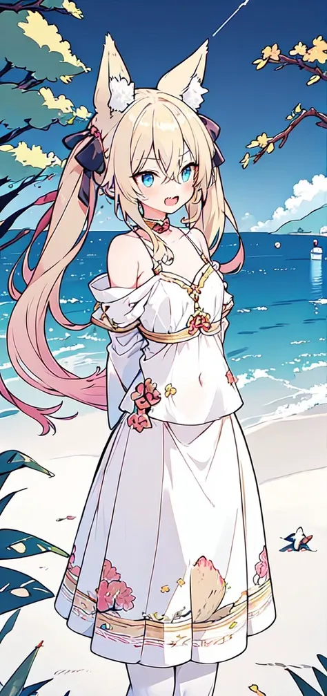 masterpiece,best quality, 1girl,  arms behind back, facing away, solo, standing,1girl, animal ear fluff, animal ears, blonde hair, blue eyes, fang, fox ears, hair between eyes, hair ribbon, long hair, twintails, v-shaped eyebrows, very long hair, beach, contrail, dutch angle, horizon, ocean, outdoors, pov,  <lora:LowPinkStyle2:0.7>