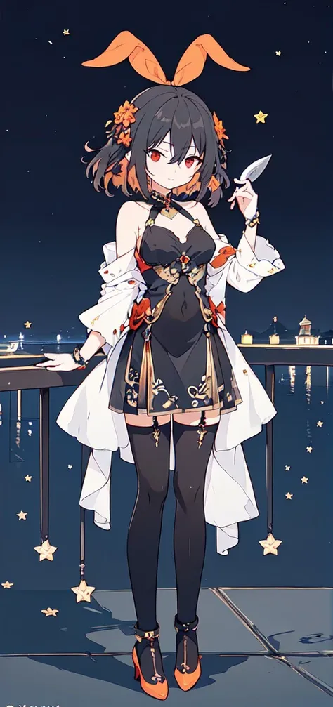 masterpiece,best quality, 1girl, closed mouth, hand up, holding, holding knife, looking at viewer, mouth hold, solo,1girl, black hair, breasts, hair between eyes, red eyes, small breasts, full body, orange background, star (symbol), starry background, twitter username, two-tone background, white background, <lora:LowPinkStyle2:0.7>