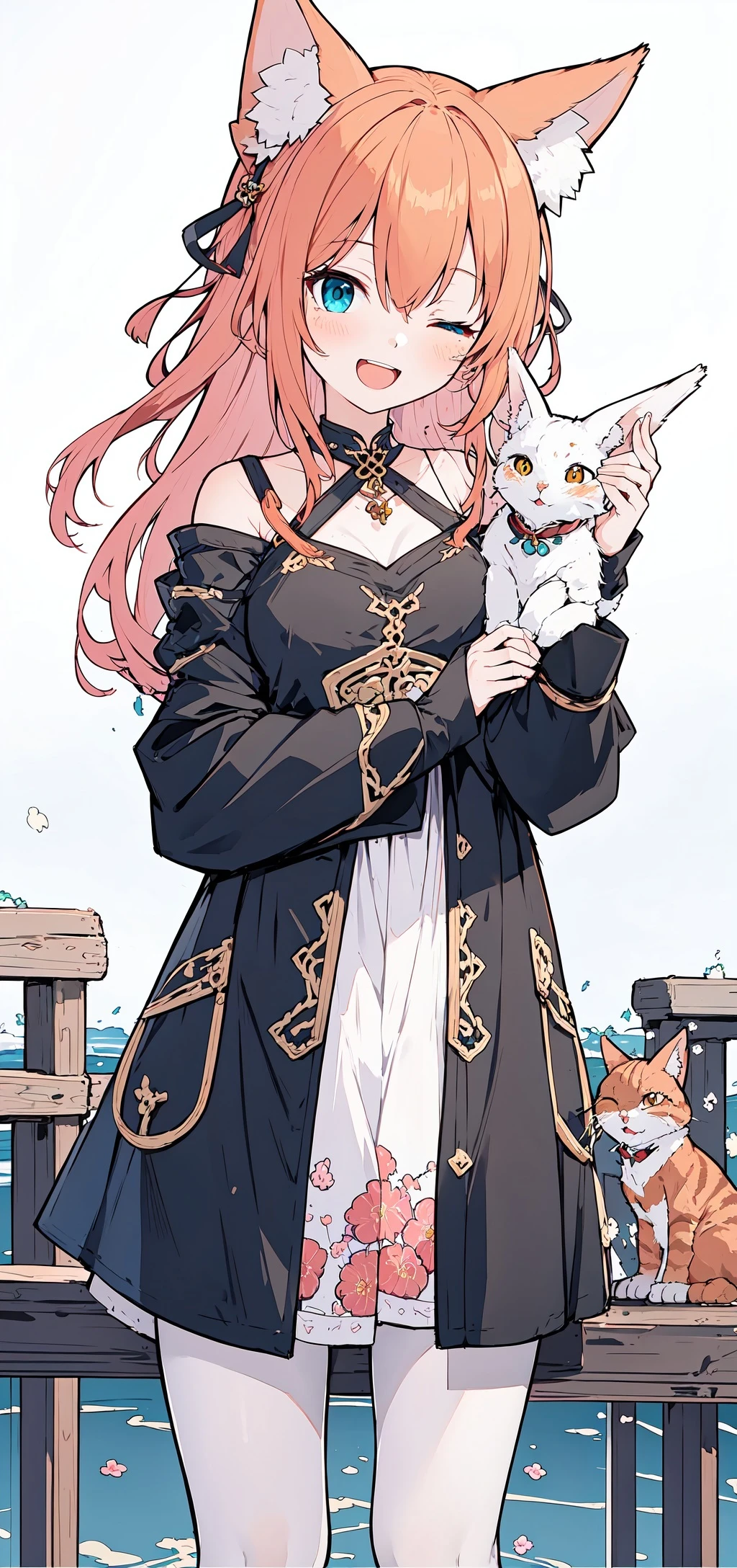 masterpiece,best quality, 1girl, blush, looking at viewer, one eye closed, open mouth, smile, solo,1girl, animal, animal ear fluff, animal ears, aqua eyes, blunt bangs, cat ears, cat girl, orange cat, simple background, w, white background, <lora:LowPinkStyle2:0.7>