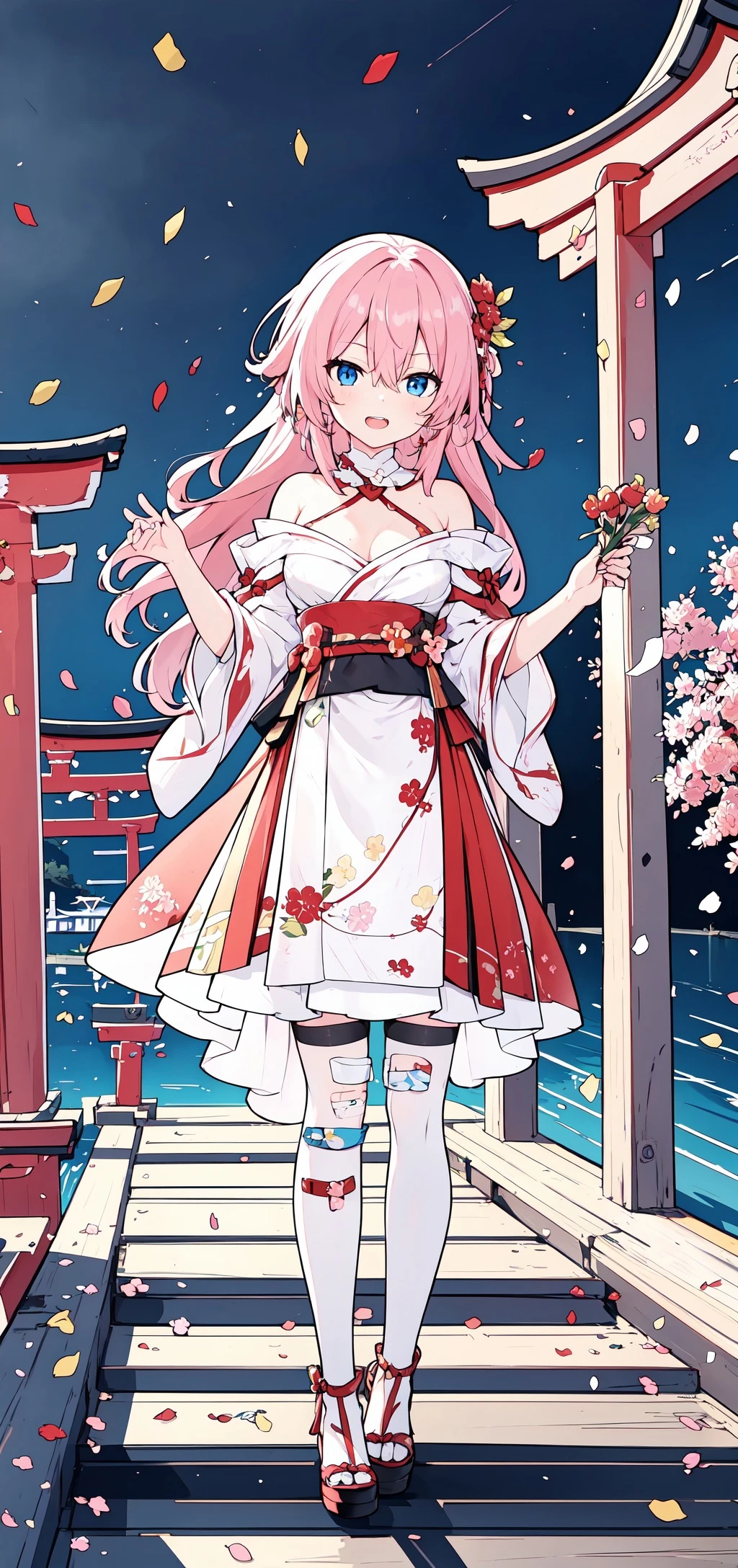 masterpiece,best quality, 1girl, <lora:LowPinkStyle-000013:0.7>, 1girl, bandaid, blue eyes, breasts, hair between eyes, long hair, pink hair, sidelocks, teeth, confetti, flower, new year, red flower, shimenawa, torii