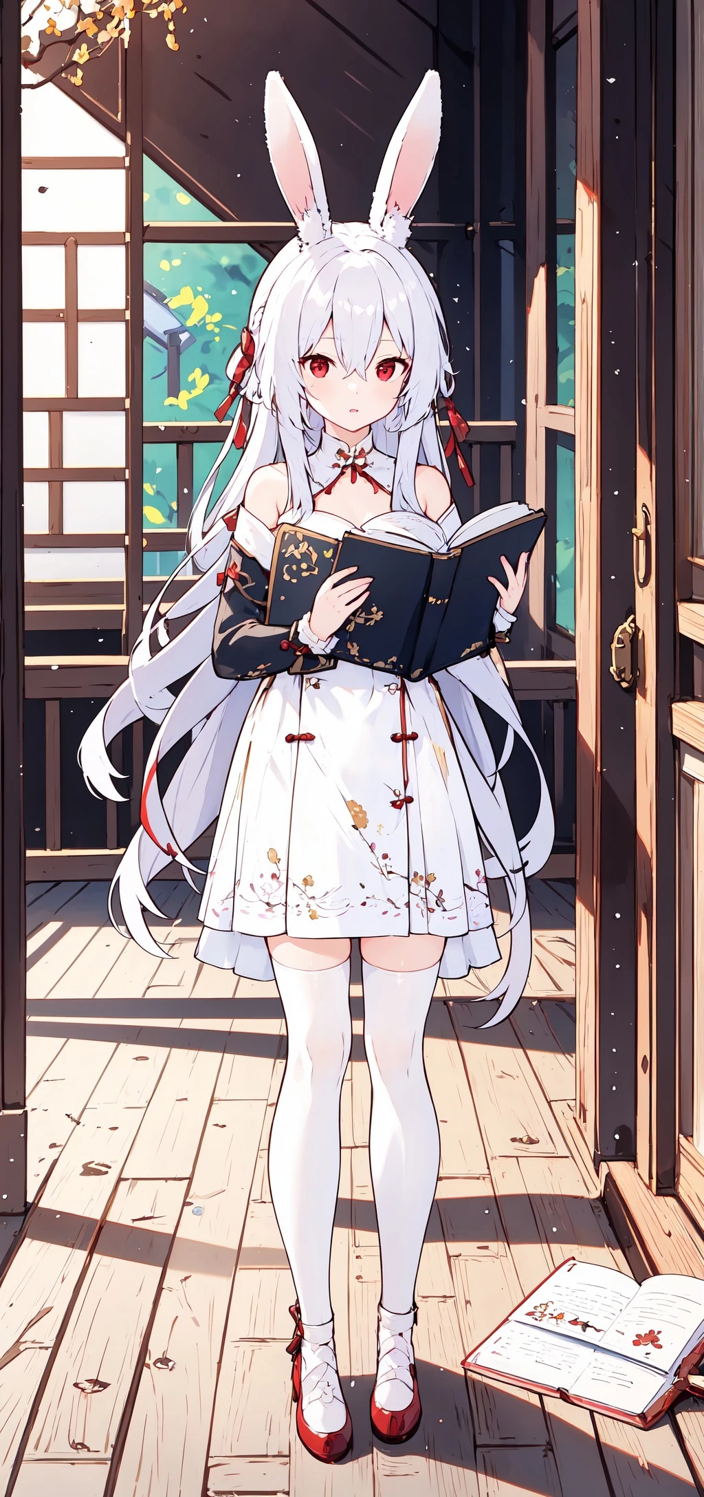 masterpiece,best quality, 1girl, <lora:LowPinkStyle-000013:0.7>, 1girl, animal ears, crescent, hair between eyes, long hair, rabbit ears, red eyes, silver hair, very long hair, blurry, depth of field, indoors, notebook, on floor, wooden floor