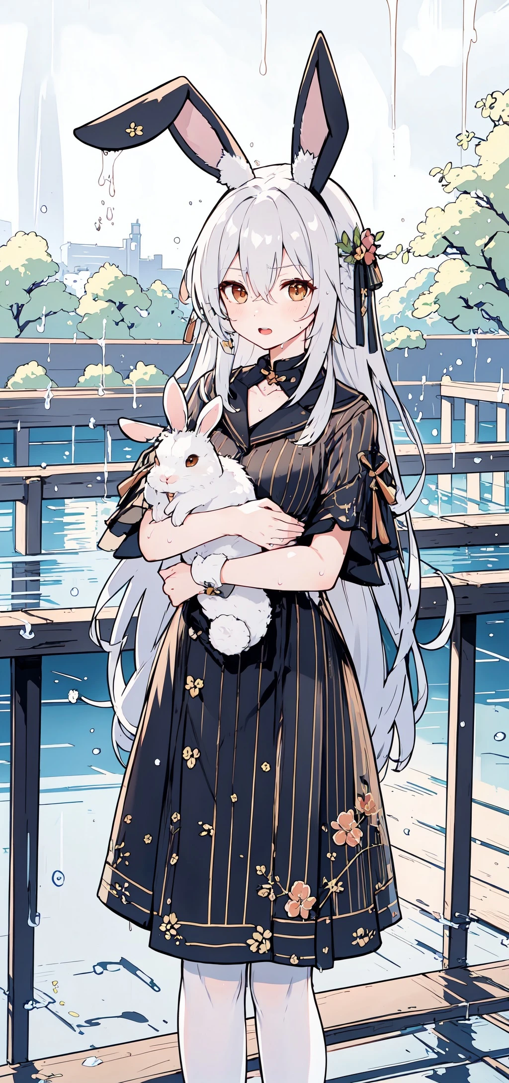 masterpiece,best quality, 1girl, <lora:LowPinkStyle-000013:0.7>, 1girl, animal ears, brown eyes, eyebrows hidden by hair, grey hair, hair between eyes, long hair, rabbit ears, very long hair, diagonal stripes, rain, striped, wet