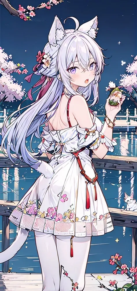 masterpiece,best quality, 1girl,  :o, blush, eating, hand up, holding, holding food, looking at viewer, looking back, solo,1girl, ahoge, animal, animal ear fluff, animal ears, bandaid, cat ears, cat tail, grey hair, hair between eyes, purple eyes, tail, white cat, blurry, blurry background, bokeh, cowboy shot, depth of field,  <lora:LowPinkStyle2:0.8> <lora:add_detail:0.7>