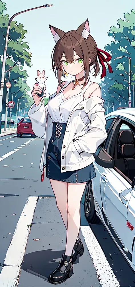 masterpiece,best quality, 1girl,  arm at side, closed mouth, expressionless, hand in pocket, holding, holding shoes, looking at viewer, solo, tiptoes, walking,1girl, animal ears, breasts, brown hair, cat ears, cat tail, green eyes, hair ribbon,  mole, mole under eye, tail, bollard, car, city, crosswalk, day, feet out of frame, motor vehicle, outdoors, traffic,  <lora:LowPinkStyle2:0.7>