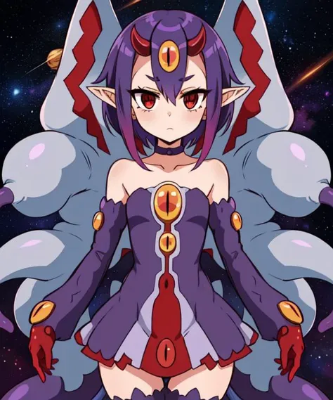 Desco,   red eyes, pointy ears,  short purple hair,  purple tail, cowboy shot,  expressionless eyes, 
DesAtt, bare shoulders, choker, purple thigh boots, purple dress, detached sleeves,  jewelry, red gloves, 
outerspace, stars,  meteor,   tentacles, 
(insanely detailed, beautiful detailed face, masterpiece, best quality)   <lora:Desco-10:0.8>