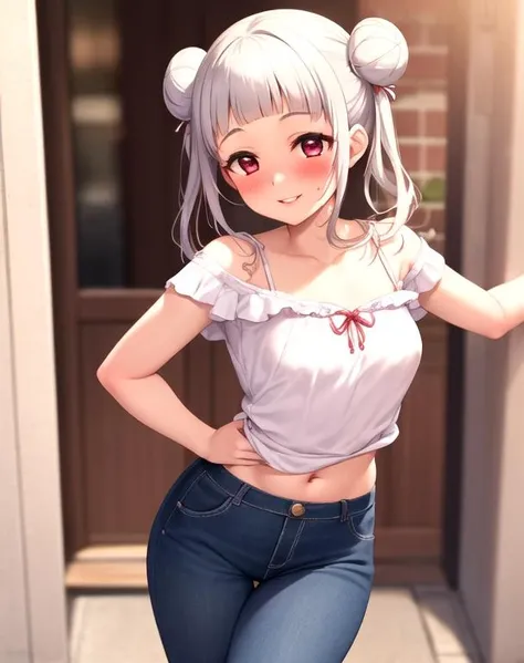 (lady, 18 years old, small breast), <lora:ChisatoLL_v1.1:0.66>, 1girl, solo, arashi chisato, white hair, double bun, red eyes, single sidelock, casual clothes,