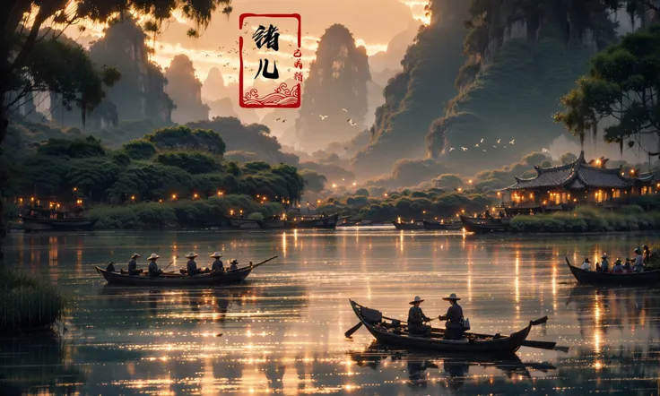 landscape, Guilin, China, iconic symbol of China's natural landscapes, Fishermen casting nets on the Li River with cormorant birds with a Cute girl touch, captured in the evocative style of the soft orange glow of the setting sun. A narrow alley on the right provides a glimpse of a tranquil garden filled with vividly blooming flowers. Ultra HD, 8K, with fine details, bringing the textures of the scene aliveFeaturing: Lomography , Extreme wide portrait , 3D rendering , symmetrical composition , UHD , Wide angle lens<lora:~Q?-\ql4nY+:1>