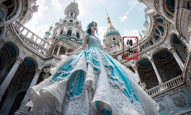Low Angle shooting, super wide lens, A aqua blue-haired girl, aqua blue lace dress with a scalloped hem, with Rococo style decoration, gorgeous, An architectural structure made of multicolored geometric shapes, saturated pigment pools, fluid movements, reimagined religious art, resembles towering Russian block architecture, extremely detailed textures and lights, photorealistic 32K resolution
<lora:~Q?-Y'eYXPurple flowers:0.8>