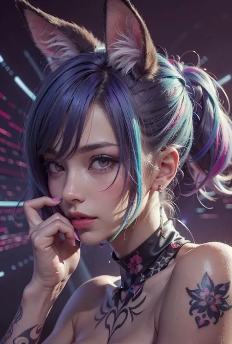 Close-up of vibrant electric dyed hair and colorful LED tattoos of a kemonomimi female fitness model kissing her fingertip. Her undercut hair and tattoos glow brightly under a blacklight in a dark tripcave. She has fluffy ears. Psychadelic LSD visuals.