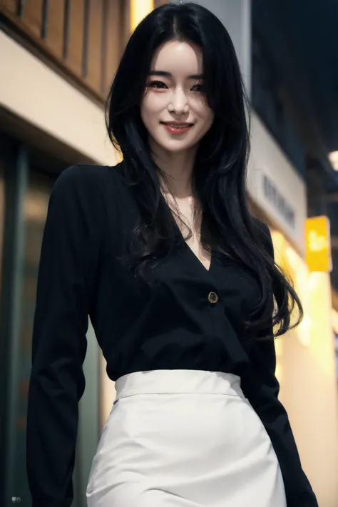 1girl,slender,small breasts,skinny,looking at viewer,night,street,long hair,<lora:Ji-Yeon_Lim:0.9>,yanzhen,suit,from front,pencil skirt,smile,, (masterpiece:1.4),(best quality:1.4),(photorealistic:1.4),8K,RAW photo,ultra highres,extremely detailed eyes and face,extremely detailed,absurdres,Professional,wallpaper,colorful,