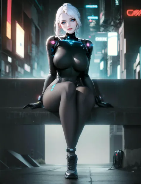 absurdres,highres,1girl,white hair,blue eyes,sitting,night,cyberpunk,illustration,bodysuit,city,looking at viewer,crossed_ankles,<lora:add_detail:0.3>,arms_behind_back,(perfect hands:1.3),