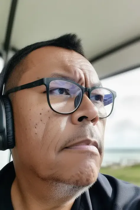 guttonerdvision2, ((Best quality)), ((Masterpiece)), ((Perfect character)) wearing headphones and sitting at a computer desk, face, half body, body, high detailed skin, skin pores, coastline, overcast weather, wind, waves, 8k uhd, dslr, soft lighting, high quality, film grain, Fujifilm XT3