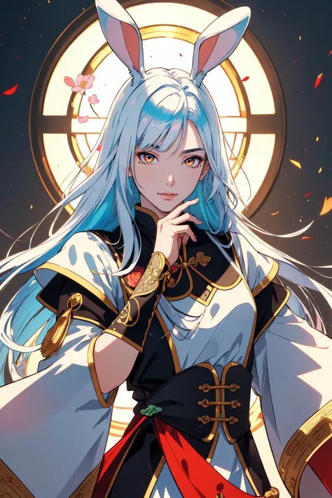 (masterpiece, best quality, ultra-detailed, highres, best illustration),perfect face, ((solo, solo focus)),sidelighting,, epic, illustration, render, volumetric lighting, welcoming, see-through gossamer, in Japan,lustrous skin,(bloom), (shine), ray tracing,masterpiece, best quality, 1boy, male focus, solo, blue hair, multicolored hair, rabbit ears, two-tone hair, mole, white hair, chinese clothes, upper body, brown eyes, orange eyes, hand on own chin, looking at viewer,depth_of_field,very detailed background,extreme light and shadow,(detailed eyes), (beautiful) beautiful detailed eyes, perfect lighting , perfect anatomy,(extremely detailed illustrated 8k wallpaper),(masterpiece), (best quality), (ultra-detailed), (best illustration),(best shadow), (fantasy:1.4) , vivid colors,