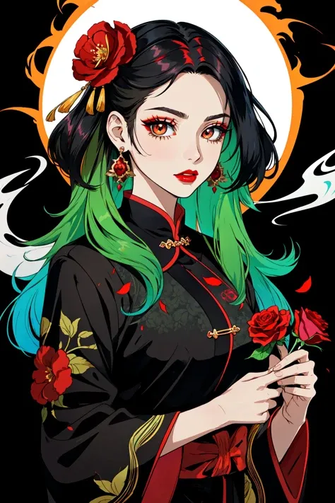 cel shading, Anime style,  chibi, 1girl, solo, looking at viewer, black hair, green hair, flames, subsurface scatterting, (zentangle:0.2), specular highlights, smoke, embers,  hair ornament, long sleeves, horror, poltergeist vibes, neon colors, muilticolored hair, two-tone hair, dress, large breasts, holding, brown eyes, jewelry, upper body, flower, earrings, hair flower, wide sleeves, necklace, petals, makeup, rose, chinese clothes, lipstick, black background, red flower, gem, holding flower, red lips