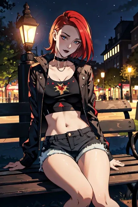 (masterpiece, best quality, ultra-detailed, highres, best illustration),perfect face,solo, solo focus,sidelighting, epic, illustration, render, volumetric lighting, welcoming, (bloom), (shine), ray tracing ,depth_of_field,very detailed background,extreme light and shadow,(detailed eyes), (beautiful) beautiful detailed eyes, perfect lighting , perfect anatomy,(best shadow), vivid colors, 1girl, mature girl, frankie foster <lora:frankie_foster:0.4>, short red hair, black masacra, black lips, choker, fishnet <lora:FishNet:0.4>, jacket, shorts, midriff, sitting on park bench, night time, park background, street lamp