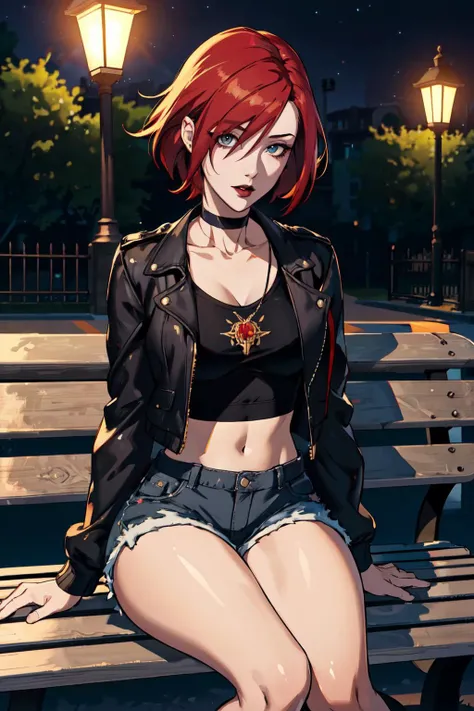 (masterpiece, best quality, ultra-detailed, highres, best illustration),perfect face,solo, solo focus,sidelighting, epic, illustration, render, volumetric lighting, welcoming, (bloom), (shine), ray tracing ,depth_of_field,very detailed background,extreme light and shadow,(detailed eyes), (beautiful) beautiful detailed eyes, perfect lighting , perfect anatomy,(best shadow), vivid colors, 1girl, mature girl, frankie foster <lora:frankie_foster:0.4>, short red hair, black masacra, black lips, choker, fishnet <lora:FishNet:0.4>, jacket, shorts, midriff, sitting on park bench, night time, park background, street lamp