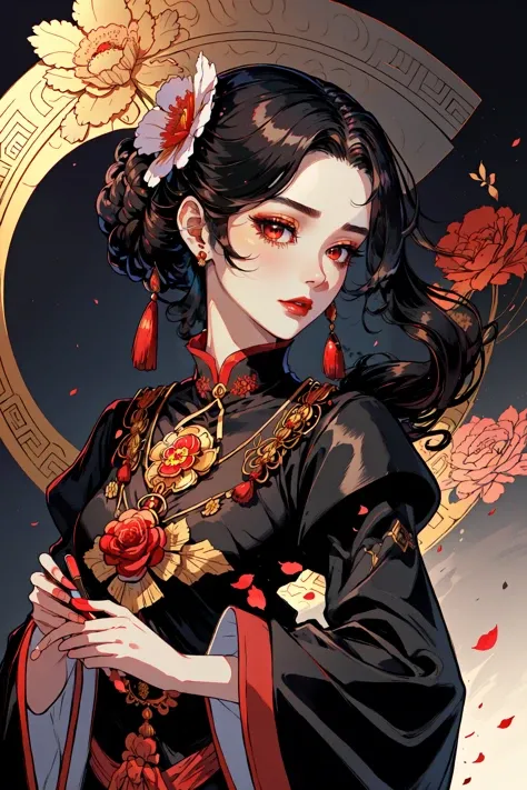 Paint_Style, 1girl, solo, looking at viewer, black hair, hair ornament, long sleeves, dress, holding, brown eyes, jewelry, upper body, flower, earrings, hair flower, wide sleeves, necklace, petals, makeup, rose, chinese clothes, lipstick, black background, red flower, gem, holding flower, red lips<lora:Paint_Style:1>