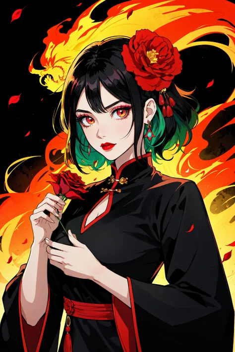 cel shading, Anime style,  chibi, 1girl, solo, looking at viewer, black hair, green hair, flames, subsurface scatterting, (zentangle:0.2), specular highlights, smoke, embers,  hair ornament, long sleeves, horror, poltergeist vibes, neon colors, muilticolored hair, two-tone hair, dress, large breasts, holding, brown eyes, jewelry, upper body, flower, earrings, hair flower, wide sleeves, necklace, petals, makeup, rose, chinese clothes, lipstick, black background, red flower, gem, holding flower, red lips
