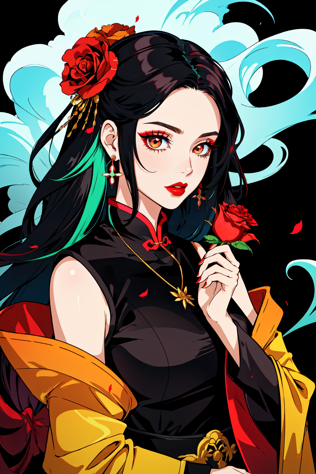 A woman with long black hair and red flowers in her hair - SeaArt AI