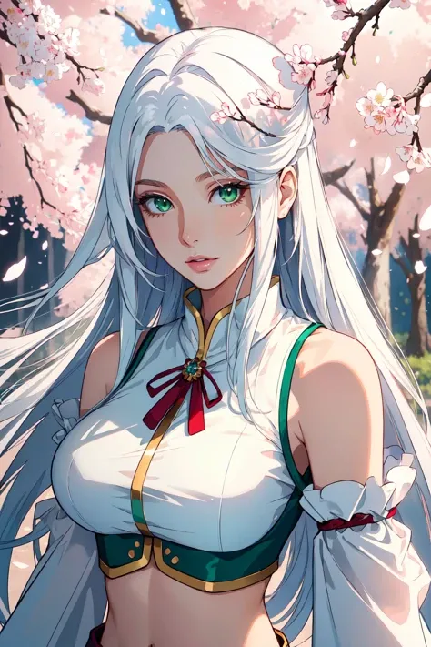 (masterpiece, best_quality, ultra-detailed, immaculate:1.3), epic, illustration, render, volumetric lighting, welcoming, see-through gossamer, in Japan,1girl, solo, long hair, green eyes, white hair, hair ornament, detached sleeves, midriff, breasts, lips, looking at viewer,bare shoulders, medium breasts, cherry blossoms, upper body,