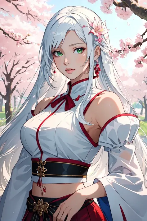 masterpiece, best quality, 1girl, solo, long hair, green eyes, white hair, hair ornament, detached sleeves, midriff, breasts, lips, looking at viewer,bare shoulders, medium breasts, cherry blossoms, upper body,