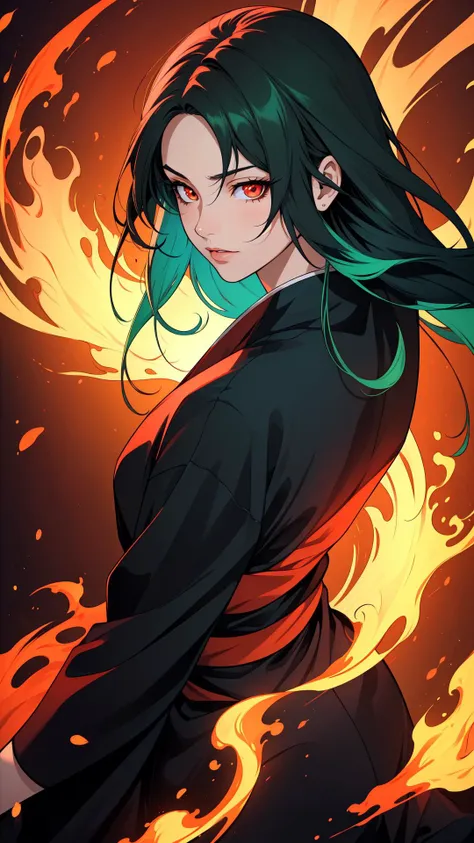(masterpiece:1.2, best quality), (finely detailed beautiful eyes: 1.2), (extremely detailed CG unity 8k wallpaper, masterpiece, best quality, ultra-detailed, best shadow), (detailed background), 1 Girl, long green hair, red eyes, Ninja, look ahead, (Ninjutsu gestures:1.2), Flame background, Colorful, Fantasy, Abstract Background, manga art,