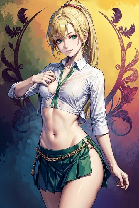 solo, 1girl, masterpiece, best quality, painting , (medium), , art nouveau, art by alphonse mucha, DeathCarpeDiem, flat chest, mature (tanned), blonde hair, long hair, ponytail, green eyes, wide hips, crop top underboob, rainbow background, looking at viewer, idol, detailed eyes, seductive smile, happy, thick thighs, abstract background, (small breasts:1.5), pleated skirt, ((loose shirt, loose_clothing):1.5)