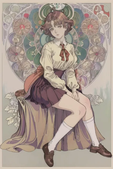 masterpiece, best quality, painting \, (medium\), art nouveau, art by alphonse mucha  1girl, full body, sit on the floor, beautiful, large eye, brown footwear, scarlet hair, black school uniform with long skirt, shoes,  messy short hair, socks, solo, white legwear, bright color